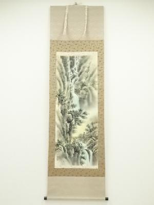 高井一鳳筆　高士観瀑図　肉筆絹本掛軸（箱付）